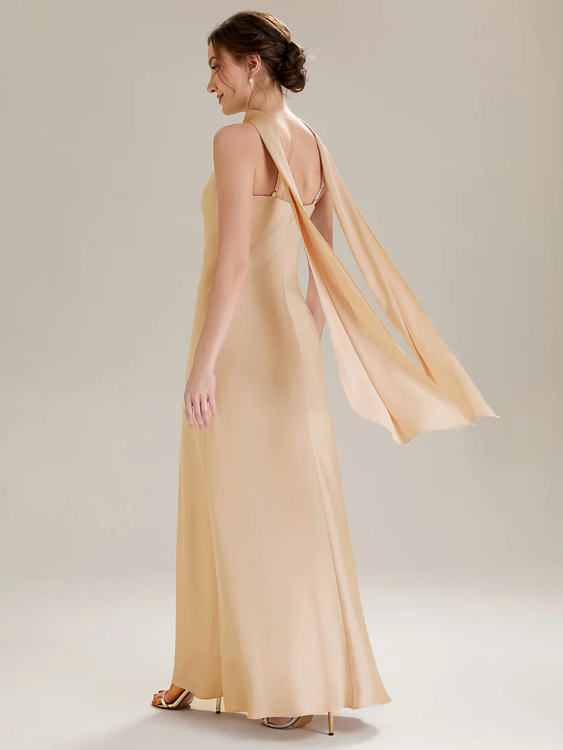 Halter Neck Satin Evening Gown (Champagne) (Made To Order)