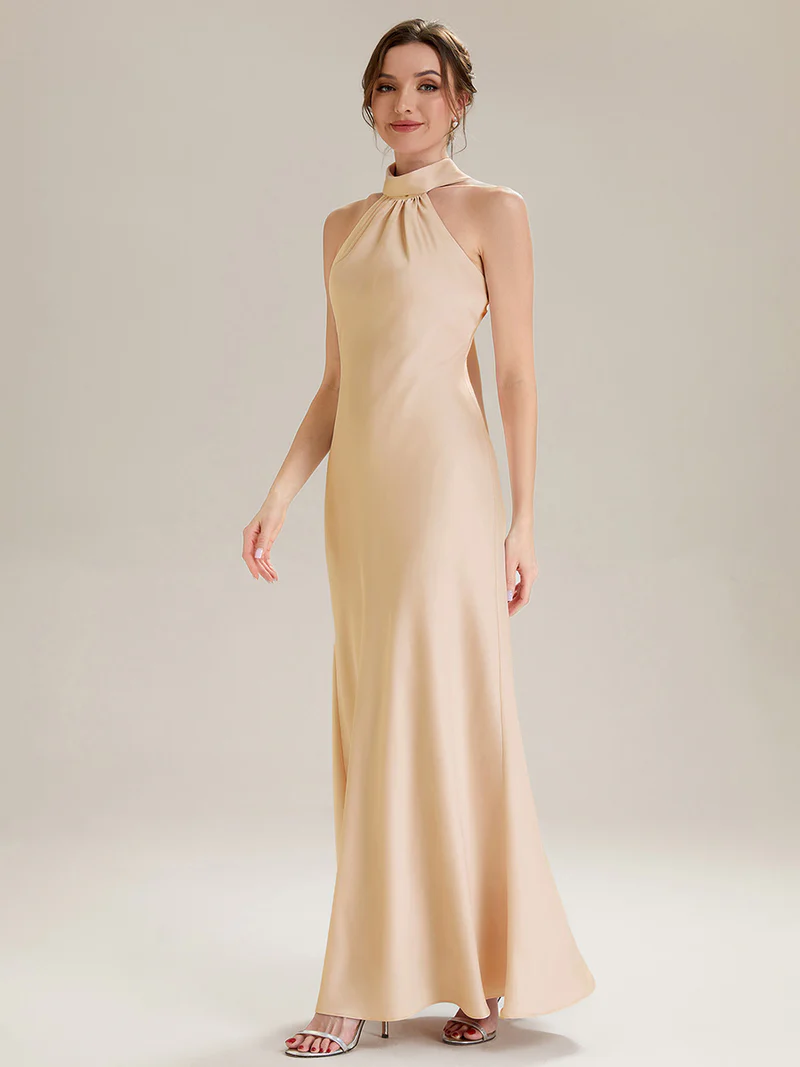 Halter Neck Satin Evening Gown (Champagne) (Made To Order)