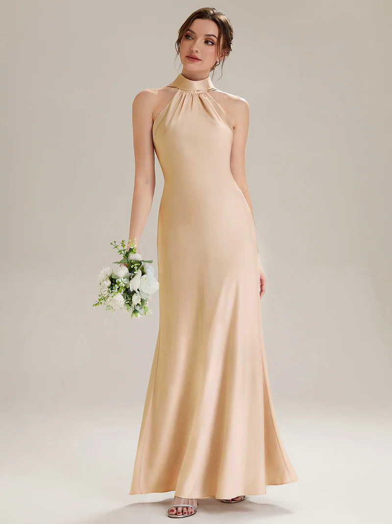 Halter Neck Satin Evening Gown (Champagne) (Made To Order)