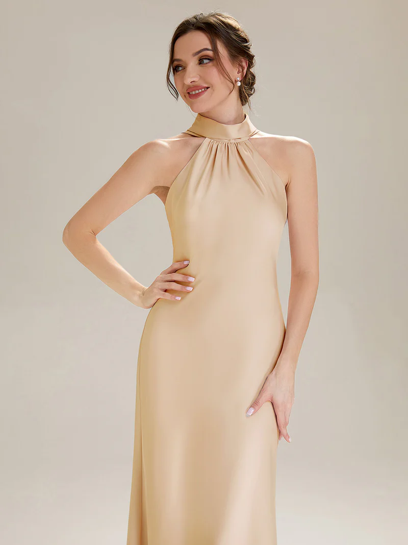 Halter Neck Satin Evening Gown (Champagne) (Made To Order)