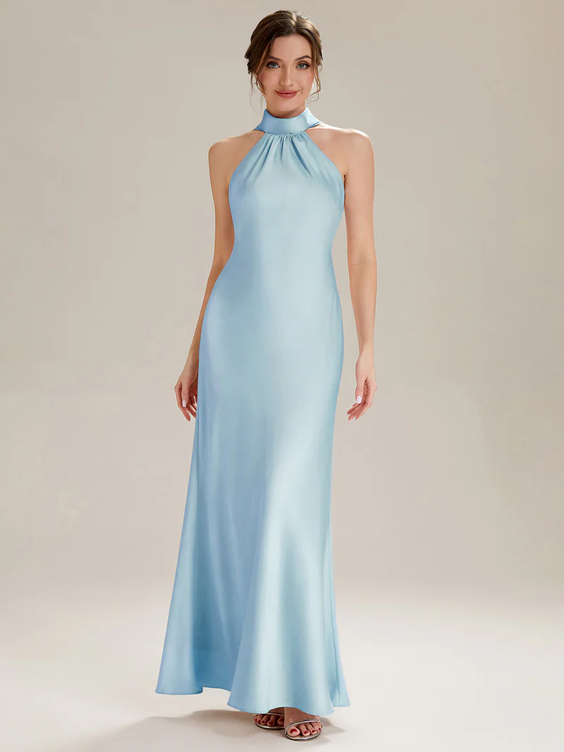 Halter Neck Satin Evening Gown (Light Blue) (Made To Order)
