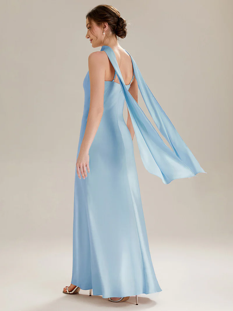 Halter Neck Satin Evening Gown (Light Blue) (Made To Order)