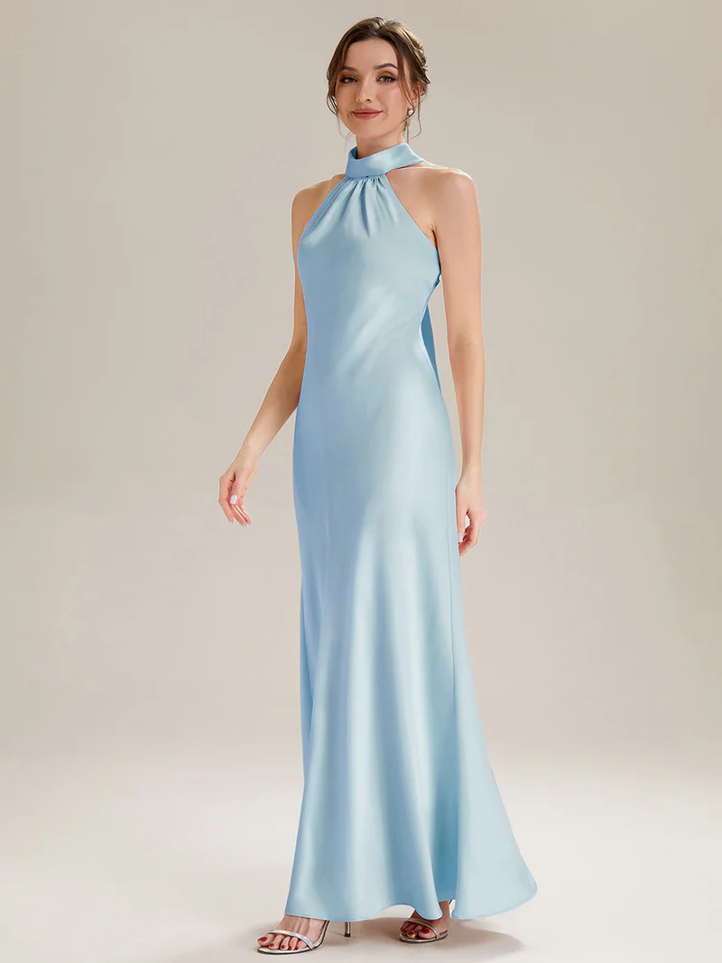 Halter Neck Satin Evening Gown (Light Blue) (Made To Order)