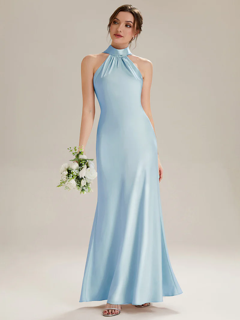 Halter Neck Satin Evening Gown (Light Blue) (Made To Order)