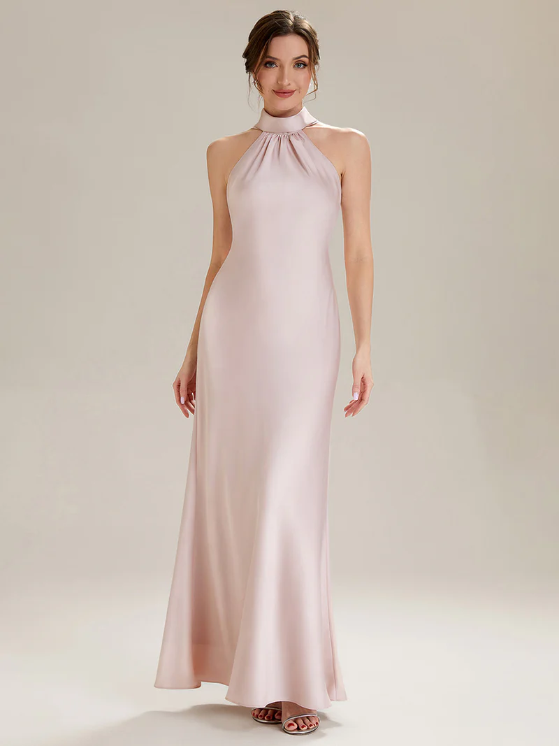 Halter Neck Satin Evening Gown (Pink) (Made To Order)