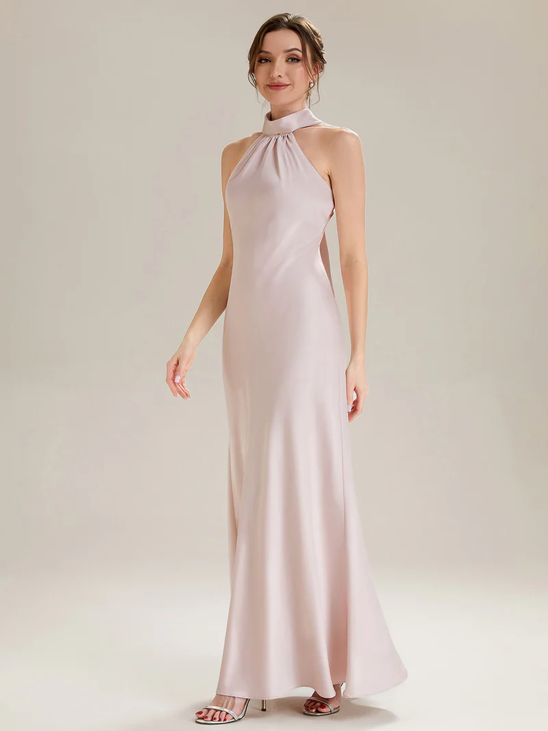 Halter Neck Satin Evening Gown (Pink) (Made To Order)