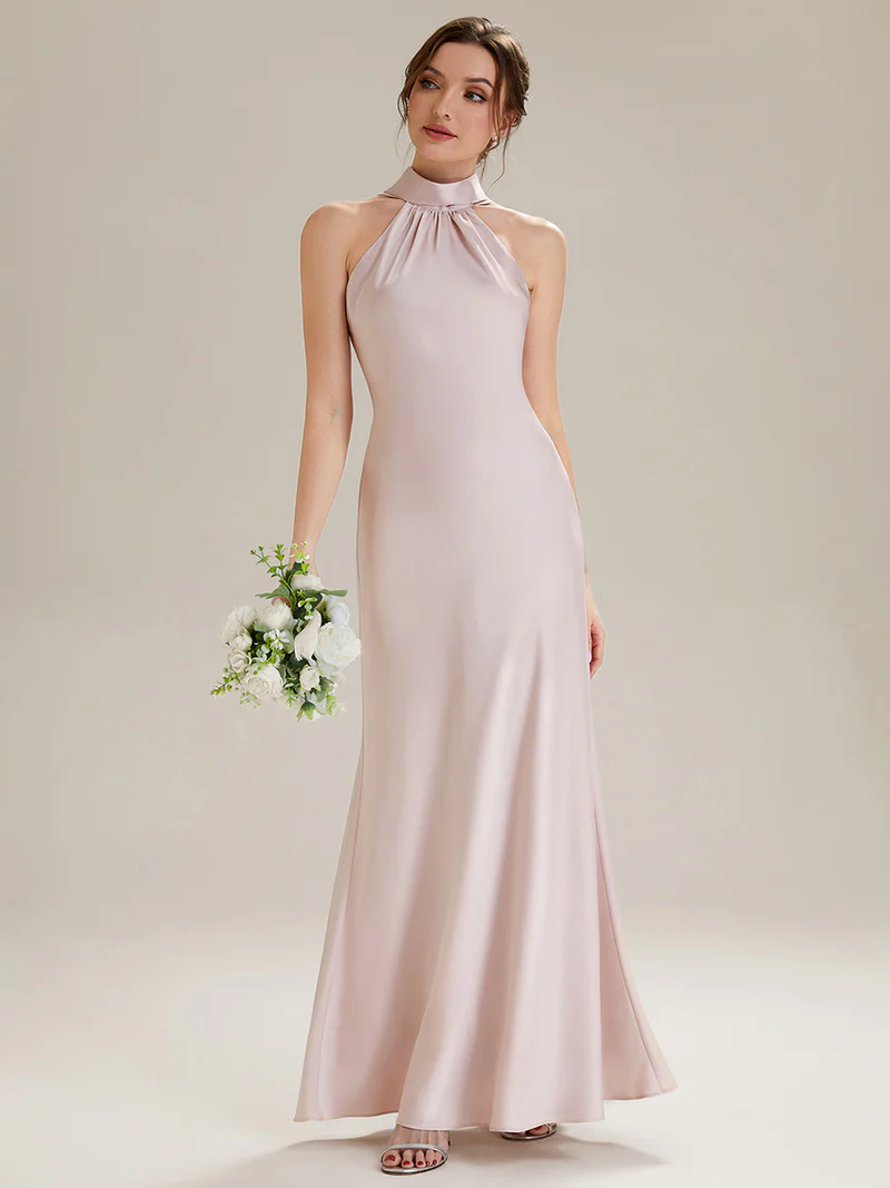 Halter Neck Satin Evening Gown (Pink) (Made To Order)