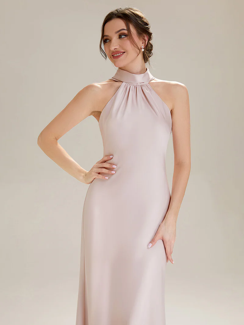 Halter Neck Satin Evening Gown (Pink) (Made To Order)