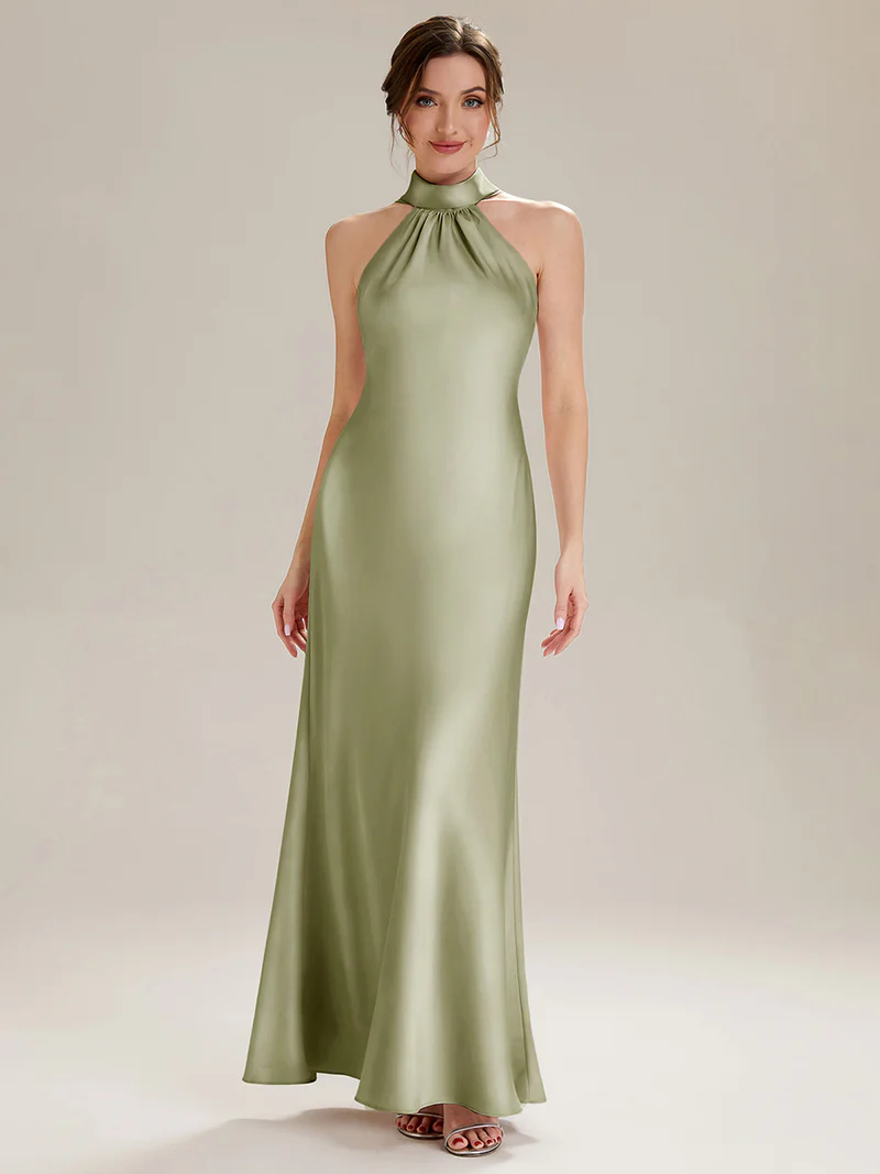Halter Neck Satin Evening Gown (Sage Green) (Made To Order)
