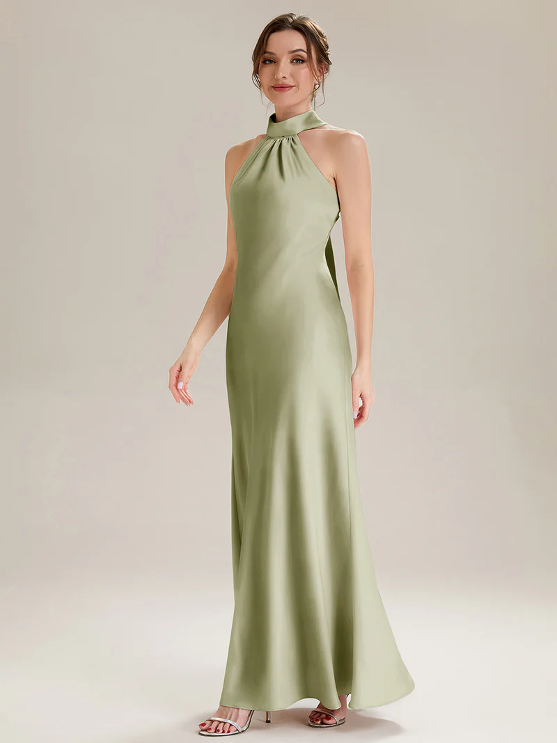 Halter Neck Satin Evening Gown (Sage Green) (Made To Order)