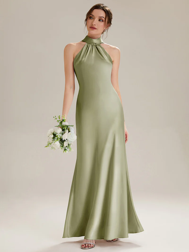 Halter Neck Satin Evening Gown (Sage Green) (Made To Order)