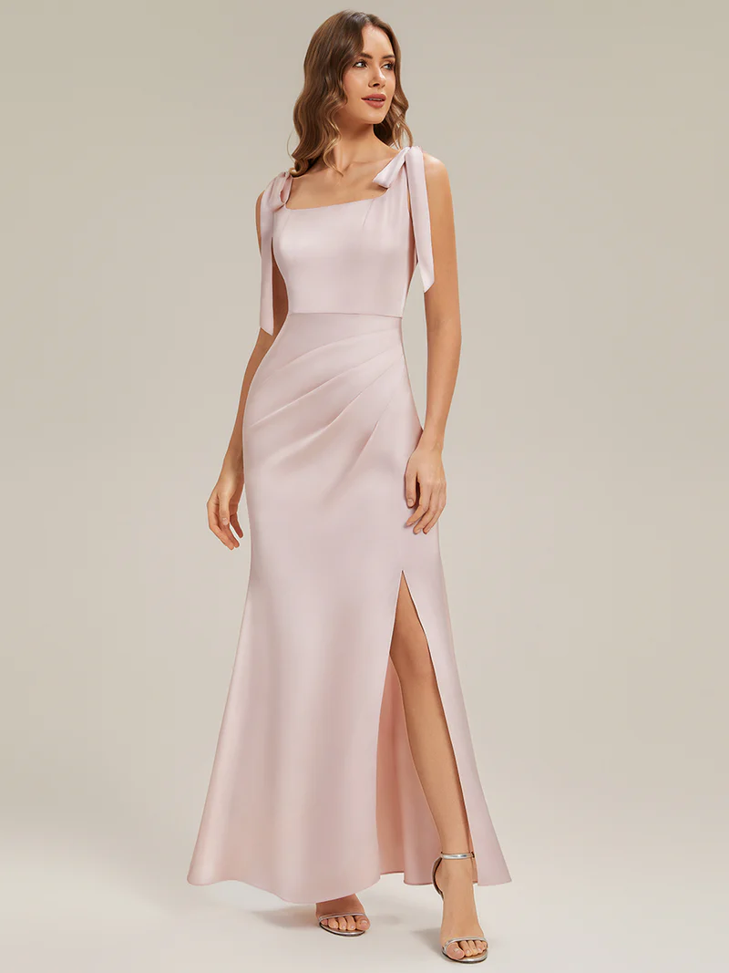 Square Neck Pleated Sheath Satin Evening Dress (Pink) (Made To Order)