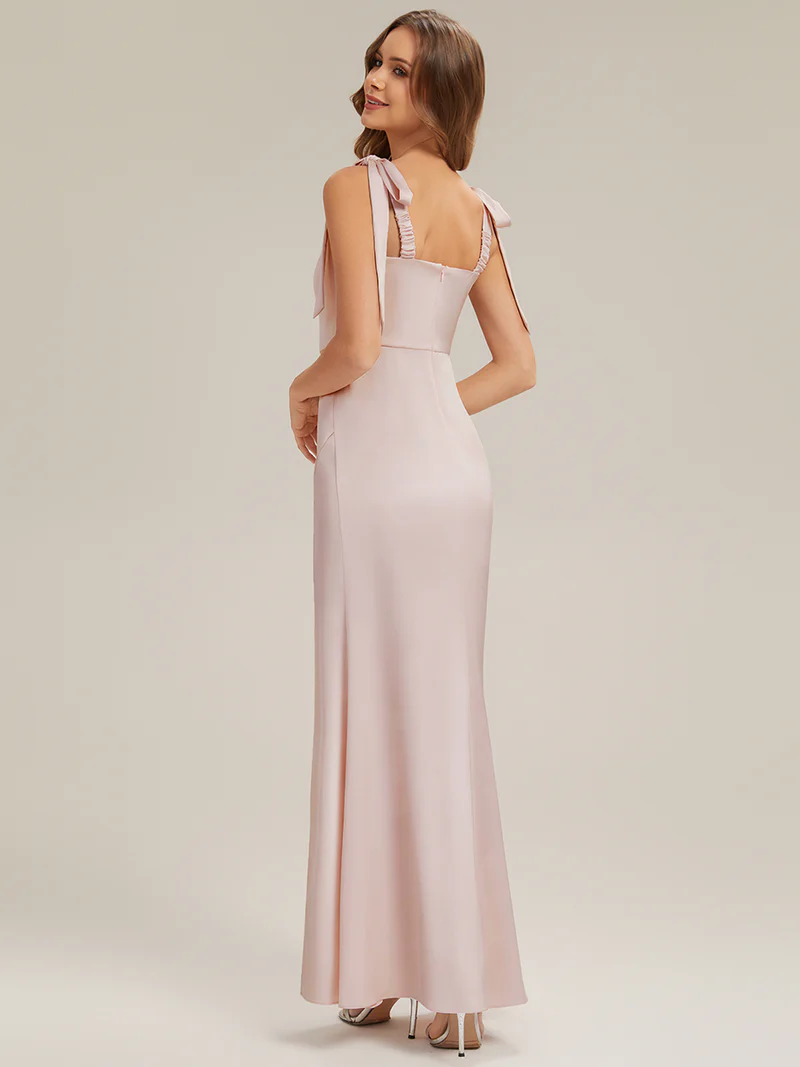 Square Neck Pleated Sheath Satin Evening Dress (Pink) (Made To Order)