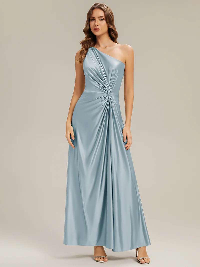 One Side Shoulder A-Line Silk Evening Gown (Ice Blue) (Made To Order)