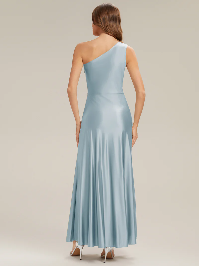 One Side Shoulder A-Line Silk Evening Gown (Ice Blue) (Made To Order)