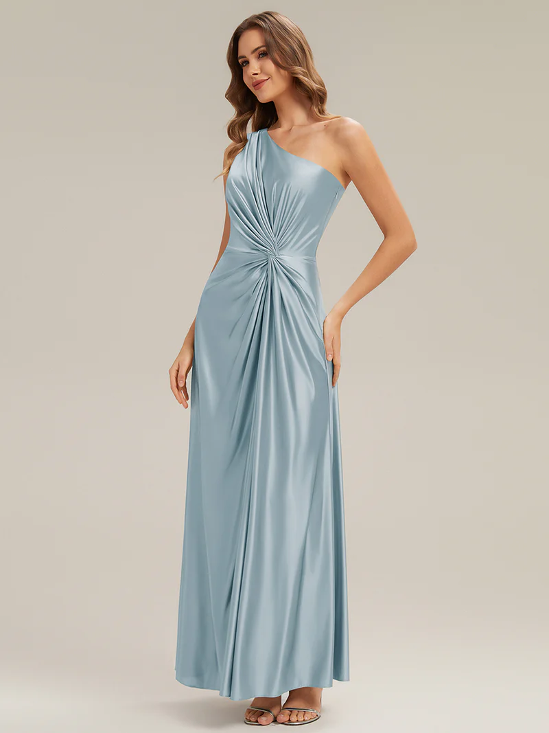 One Side Shoulder A-Line Silk Evening Gown (Ice Blue) (Made To Order)