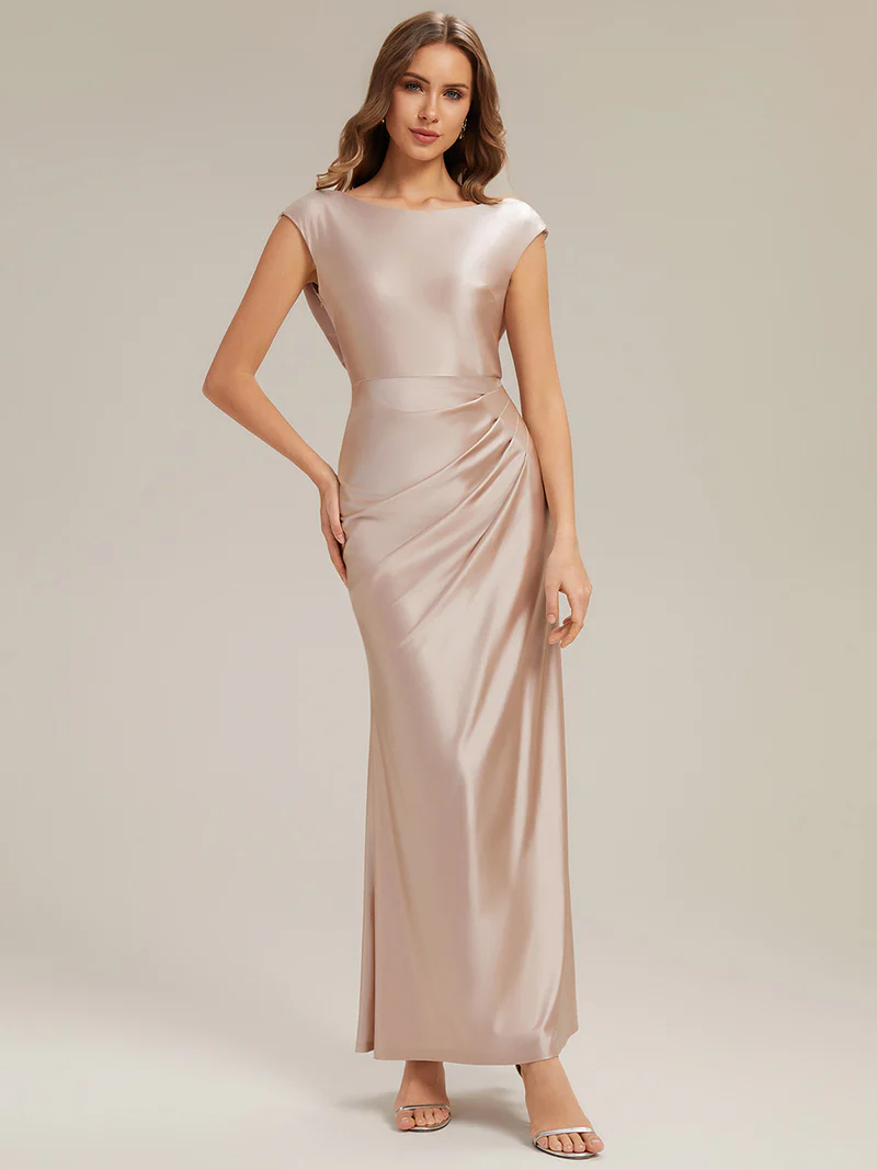 Sleeveless Satin Gathered Cowl Neck Evening Dress (Champagne) (Made To Order)