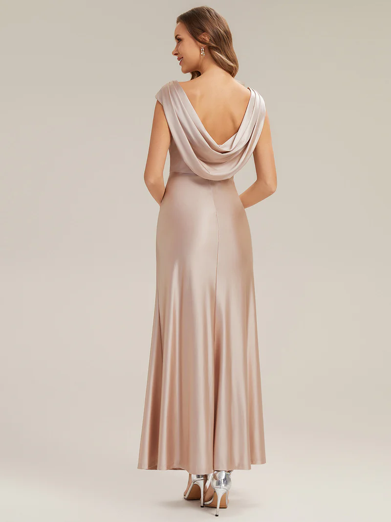 Sleeveless Satin Gathered Cowl Neck Evening Dress (Champagne) (Made To Order)