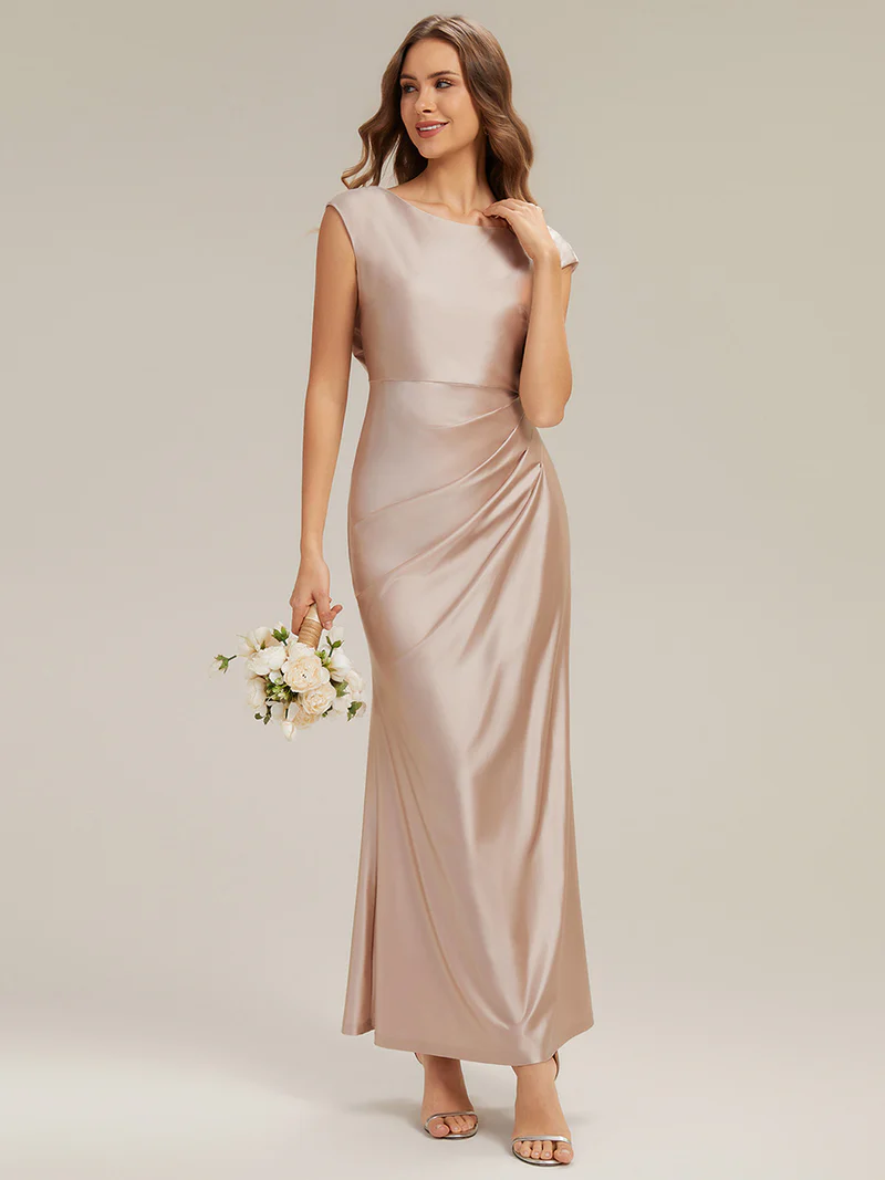 Sleeveless Satin Gathered Cowl Neck Evening Dress (Champagne) (Made To Order)