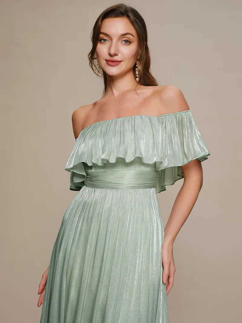 Off Shoulder Ruffled A-Line  Dresses (Mint)