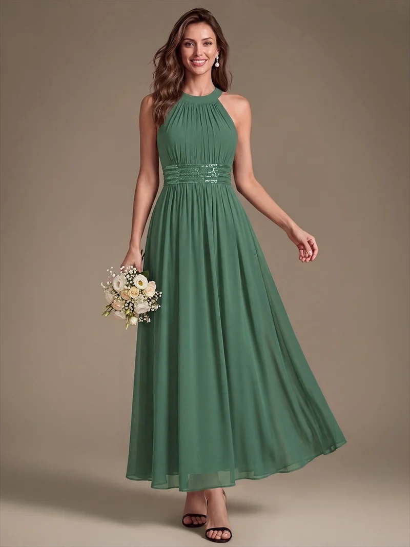 Halter Chiffon A-Line Maxi Dress (Eucalyptus) (Made to Order)