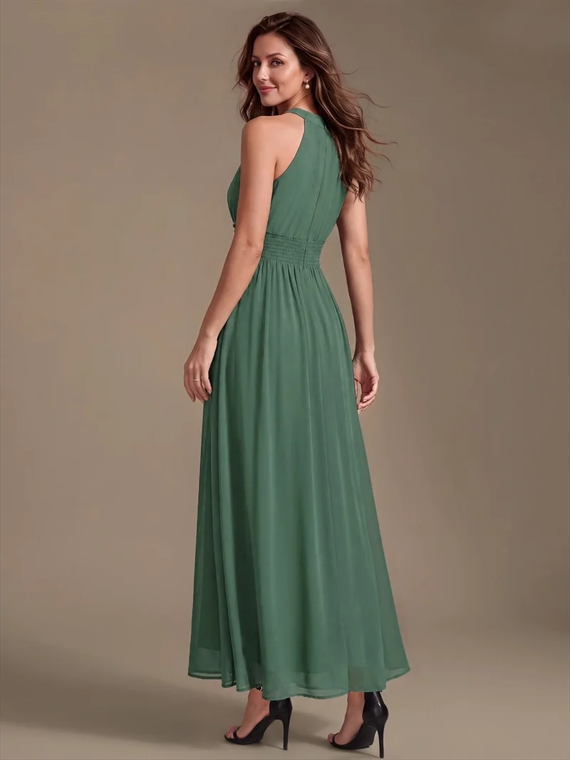 Halter Chiffon A-Line Maxi Dress (Eucalyptus) (Made to Order)