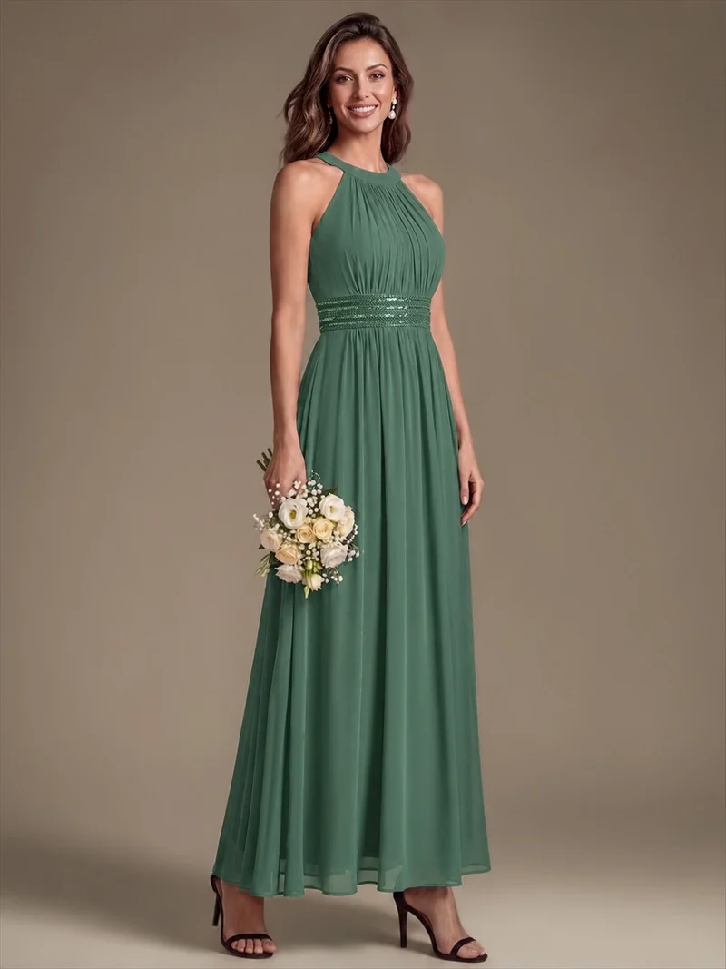 Halter Chiffon A-Line Maxi Dress (Eucalyptus) (Made to Order)