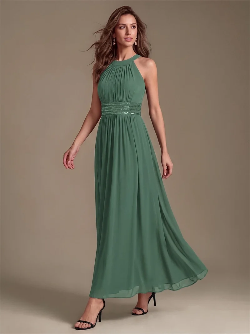 Halter Chiffon A-Line Maxi Dress (Eucalyptus) (Made to Order)