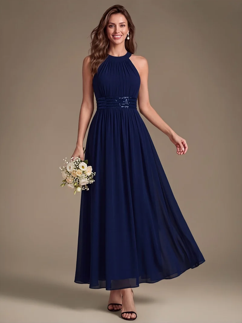 Halter Chiffon A-Line Maxi Dress (Navy Blue) (Made to Order)