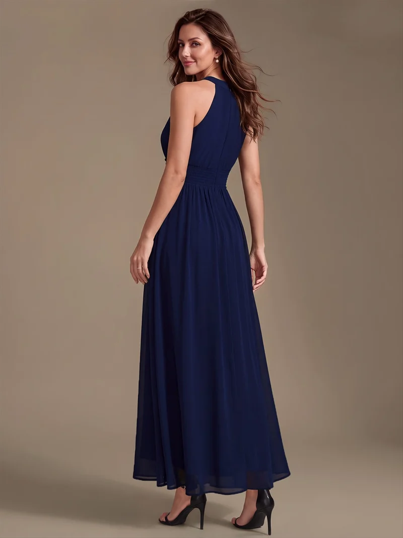 Halter Chiffon A-Line Maxi Dress (Navy Blue) (Made to Order)