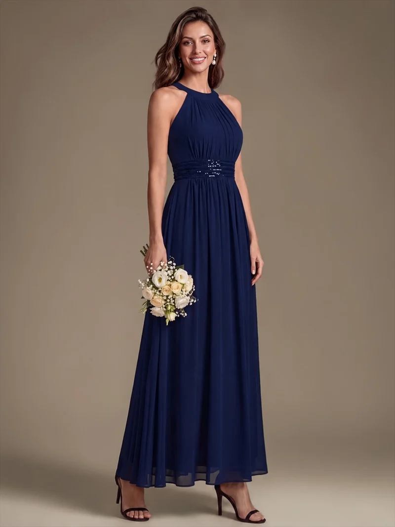 Halter Chiffon A-Line Maxi Dress (Navy Blue) (Made to Order)