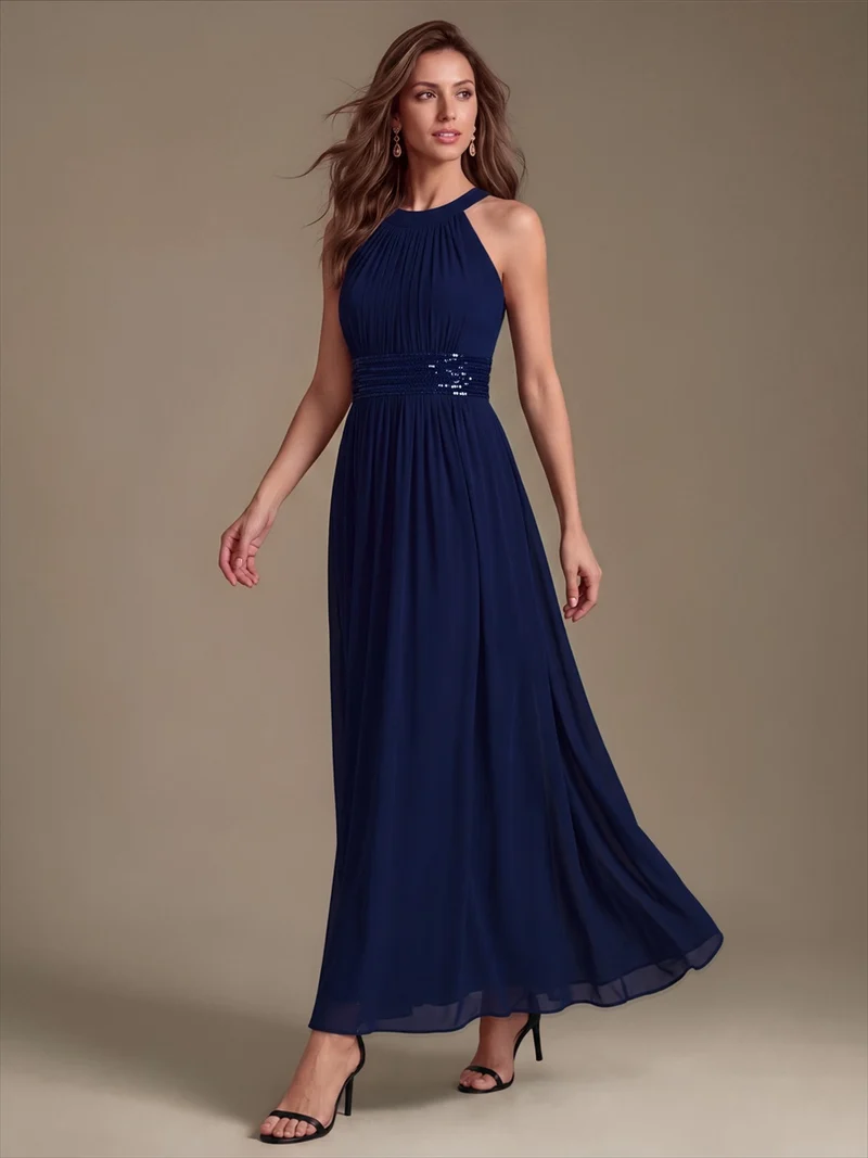 Halter Chiffon A-Line Maxi Dress (Navy Blue) (Made to Order)