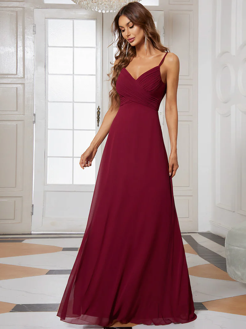 Spaghetti Pleated with A Line Silhouette Evening Dresses (Maroon) (Retail)