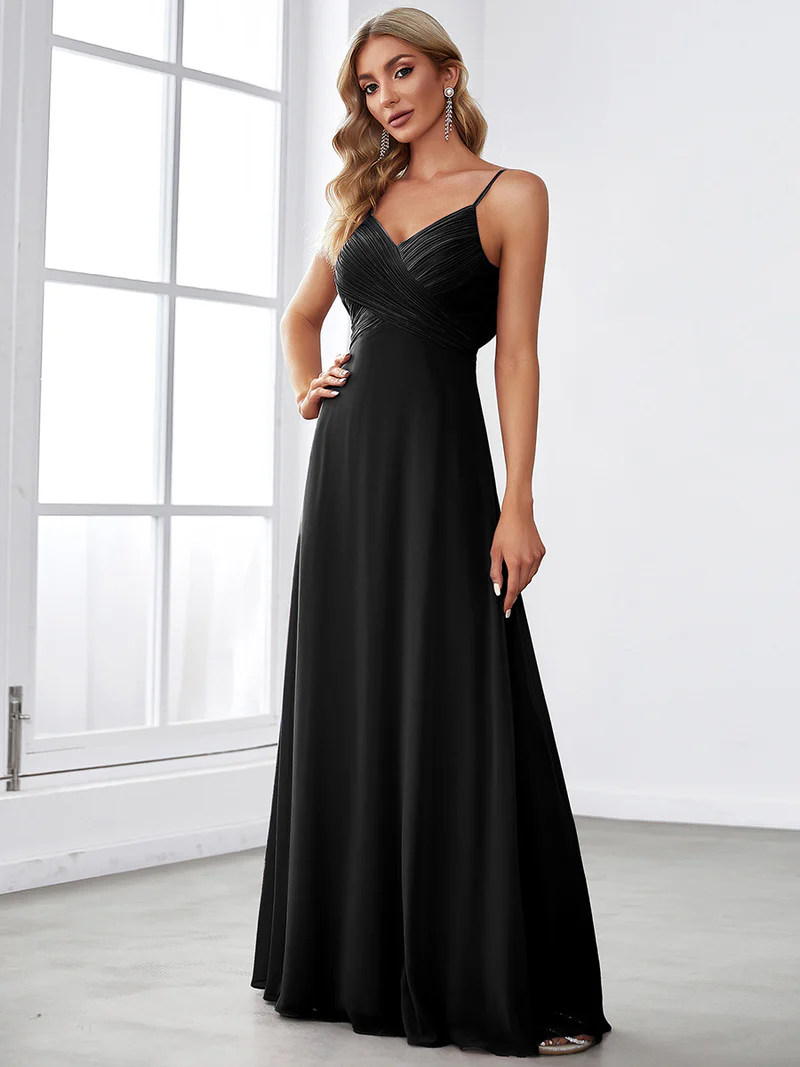 Spaghetti Pleated with A Line Silhouette Evening Dresses (Black) (Retail)