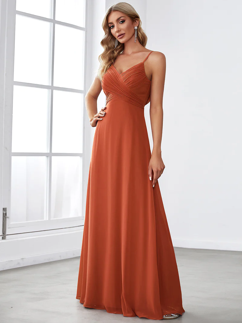 Spaghetti Pleated with A Line Silhouette Evening Dresses (Burnt Orange) (Made To Order)