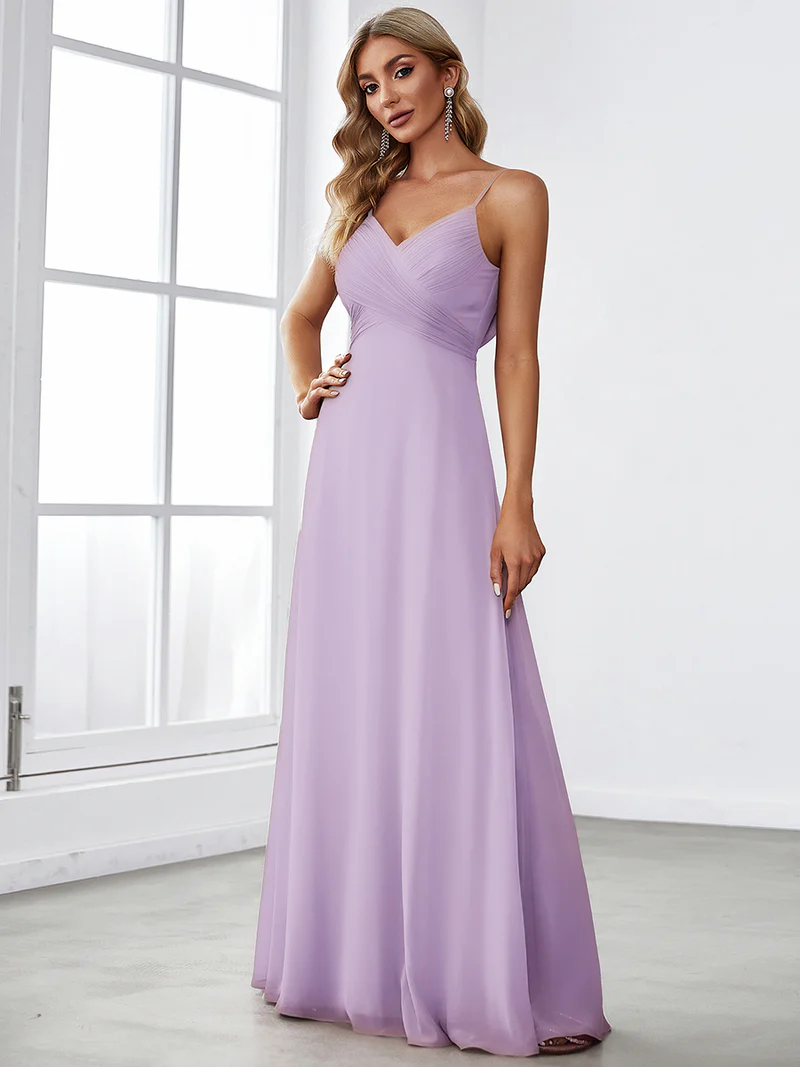 Spaghetti Pleated with A Line Silhouette Evening Dresses (Lavender) (Made To Order)