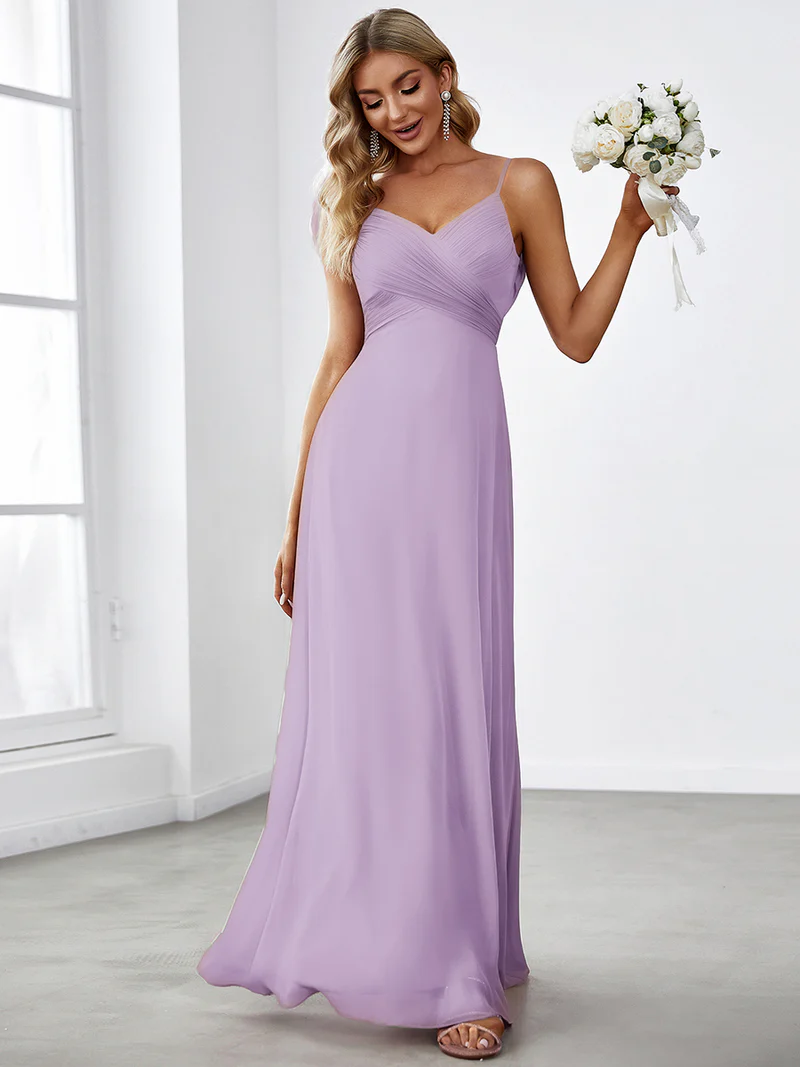 Spaghetti Pleated with A Line Silhouette Evening Dresses (Lavender) (Made To Order)