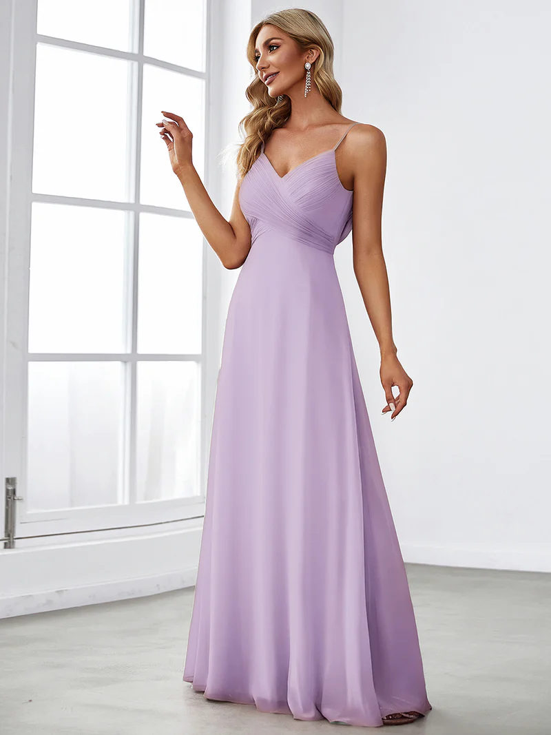 Spaghetti Pleated with A Line Silhouette Evening Dresses (Lavender) (Made To Order)