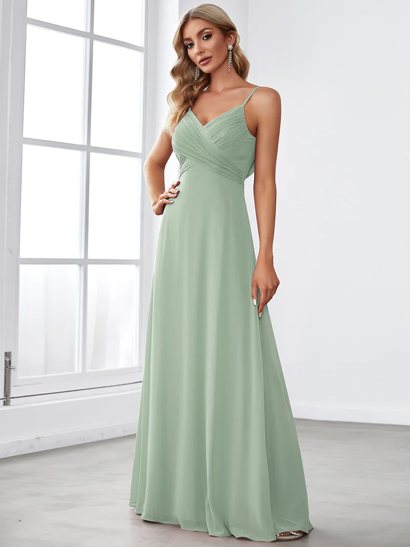 Spaghetti Pleated with A Line Silhouette Evening Dresses (Mint) (Made To Order)