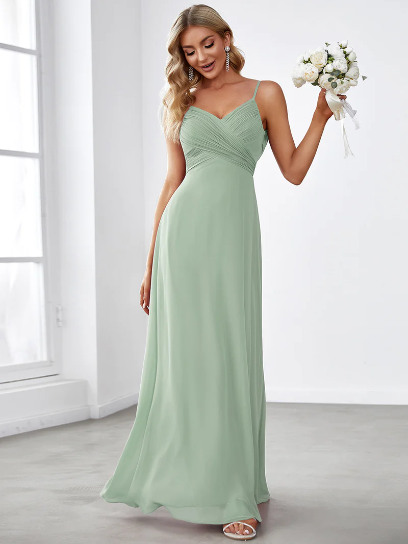 Spaghetti Pleated with A Line Silhouette Evening Dresses (Mint) (Made To Order)