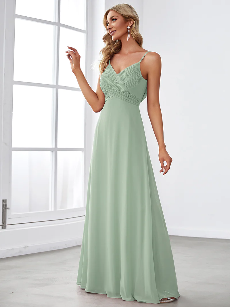 Spaghetti Pleated with A Line Silhouette Evening Dresses (Mint) (Made To Order)