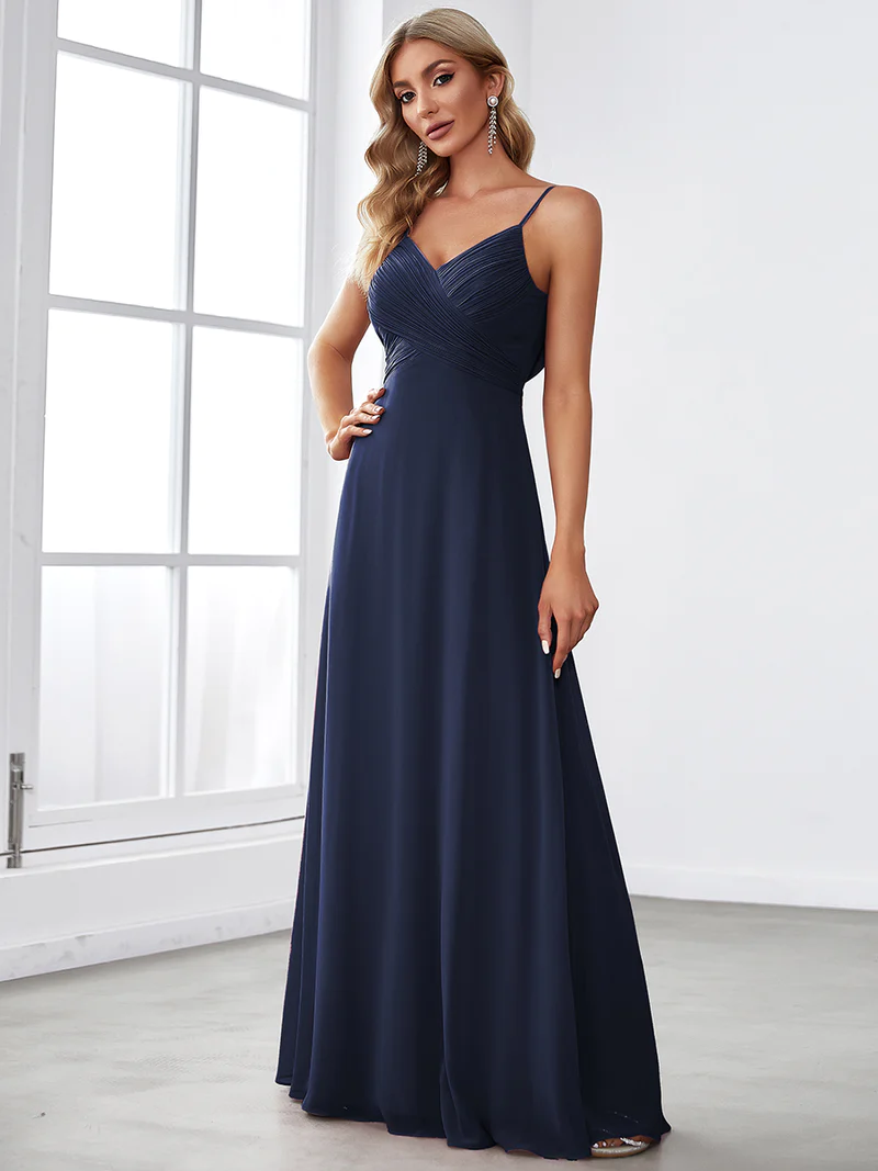 Spaghetti Pleated with A Line Silhouette Evening Dresses (Navy Blue) (Made To Order)