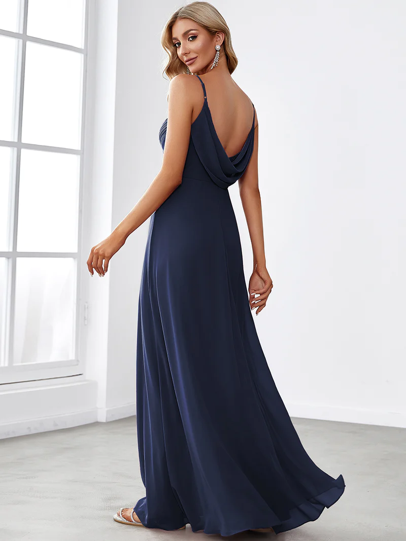 Spaghetti Pleated with A Line Silhouette Evening Dresses (Navy Blue) (Made To Order)