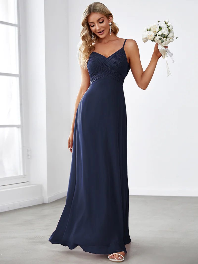 Spaghetti Pleated with A Line Silhouette Evening Dresses (Navy Blue) (Made To Order)