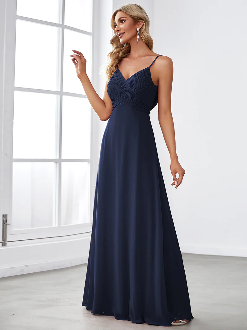 Spaghetti Pleated with A Line Silhouette Evening Dresses (Navy Blue) (Made To Order)