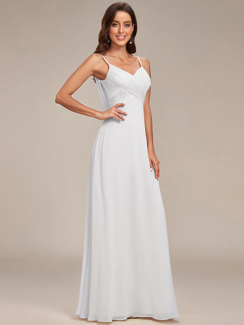 Spaghetti Pleated with A Line Silhouette Evening Dresses (White) (Made To Order)