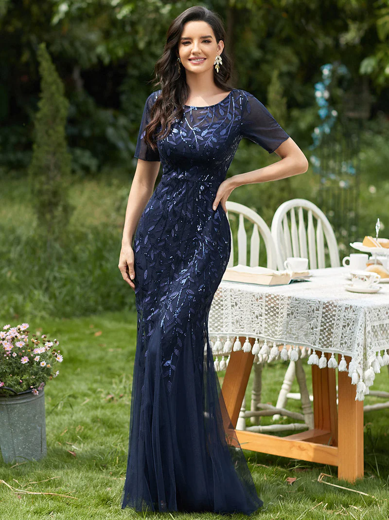 Plus Size Floral Short Sleeve Sequin Mermaid Evening Gown (Navy Blue) (Made To Order)