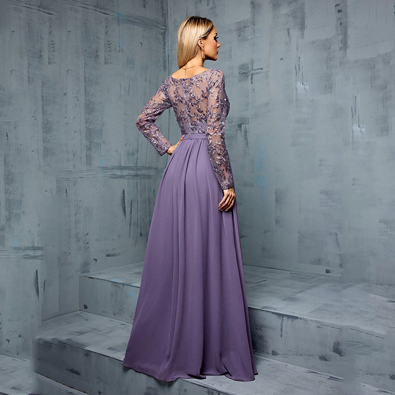 Elegant Long Sleeve Floral A-Line Evening Gown (Orchid) (Made To Order)