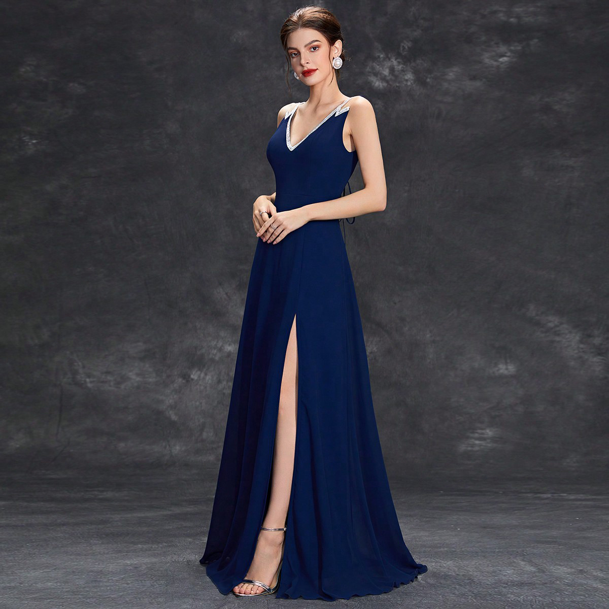 Backless V-Neck A-Line With Slit Dress (Blue) (Made To Order)