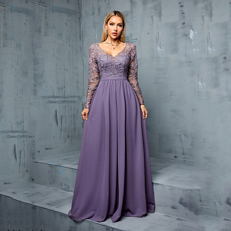 Elegant Long Sleeve Floral A-Line Evening Gown (Orchid) (Made To Order)
